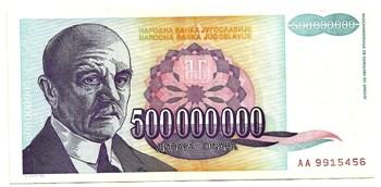 Jugoslavija. 500000000 dinarų ( 1993 ) VF+